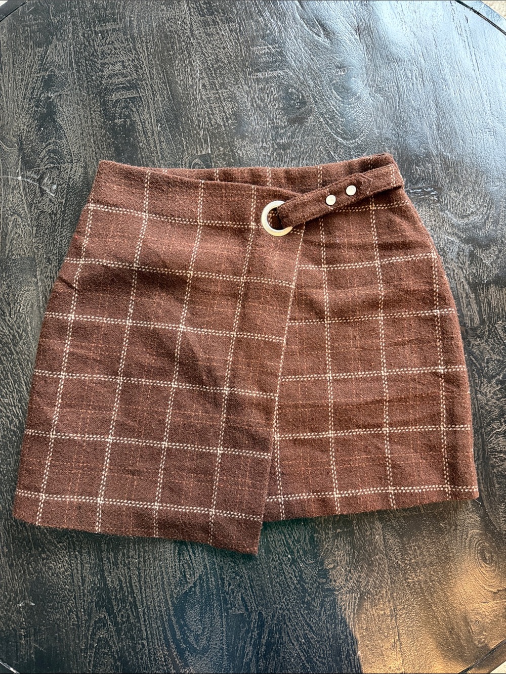 Paper Moon Brown Plaid Wrap Mini Skirt with Buckle Detail